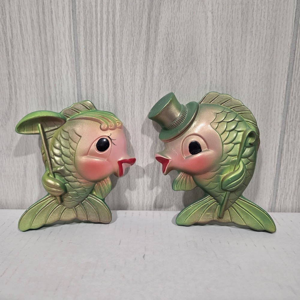 Vtg Mr Mrs Fish Chalkware Wall Plaques 1969 Miller Studio Top Hat Umbrella MCM